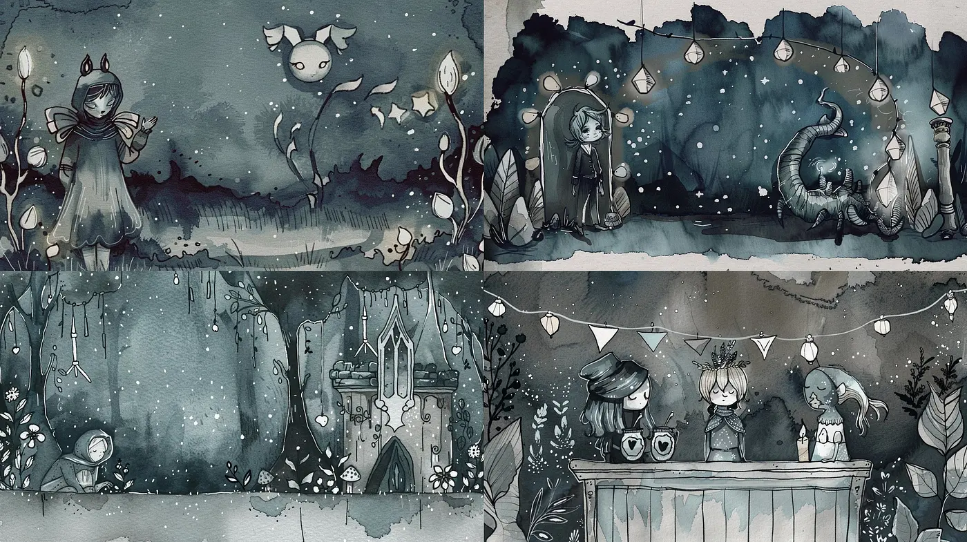 Whimsical Monochromatic Watercolor Dreamscape - Midjourney sref style