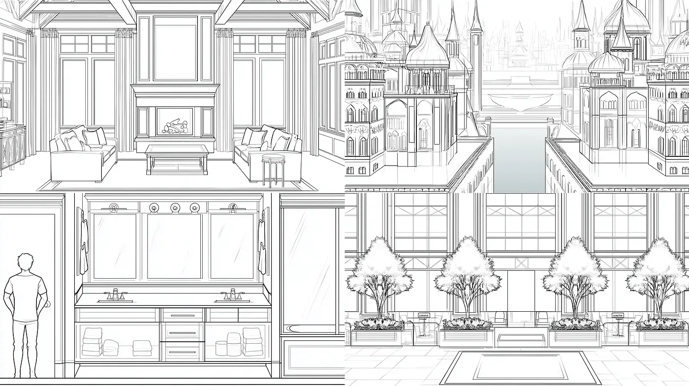 Elegant Architectural Illustrations with Line Art and Intricate Detail - Midjourney sref style