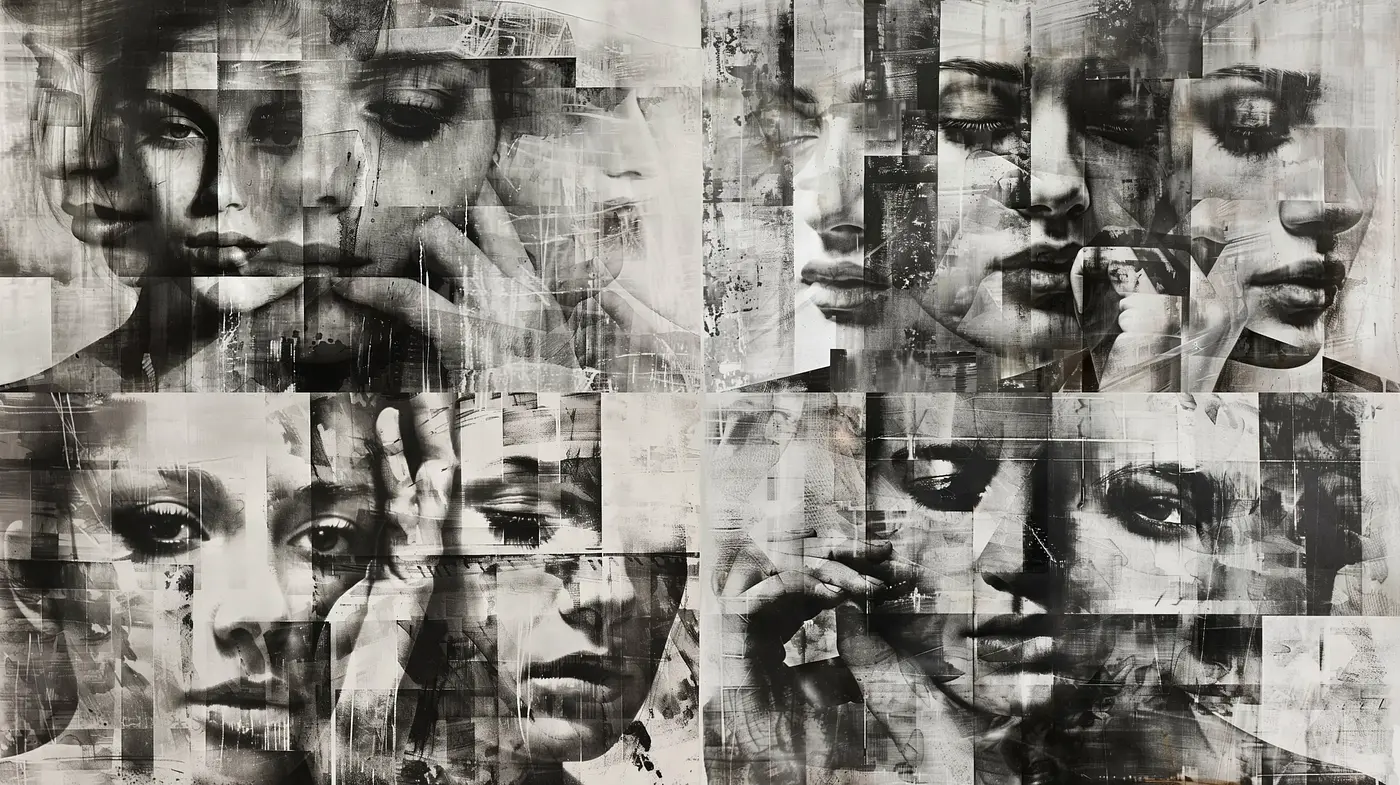 Monochromatic Fragmentation: A Study of Human Expressions in Grayscale Collage - Midjourney sref style