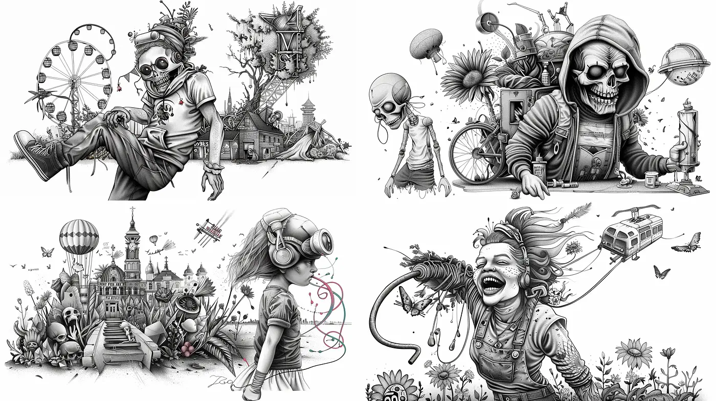 Monochromatic Whimsy: Surreal and Detailed Illustrations with a Playful Edge - Midjourney sref style
