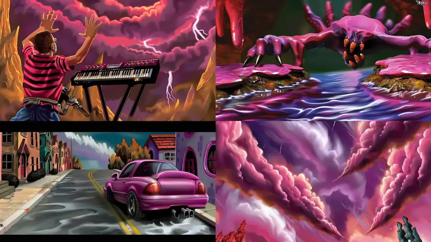 Vibrant Surrealist Landscapes with a Playful Edge - Midjourney sref style