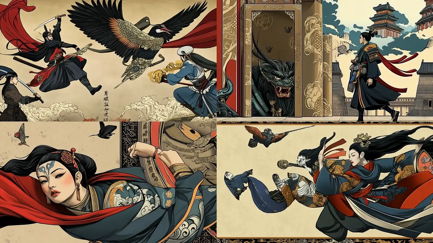 Feudal Fantasy Elegance: A Fusion of Traditional Japanese Art and Dynamic Illustration - Midjourney sref style