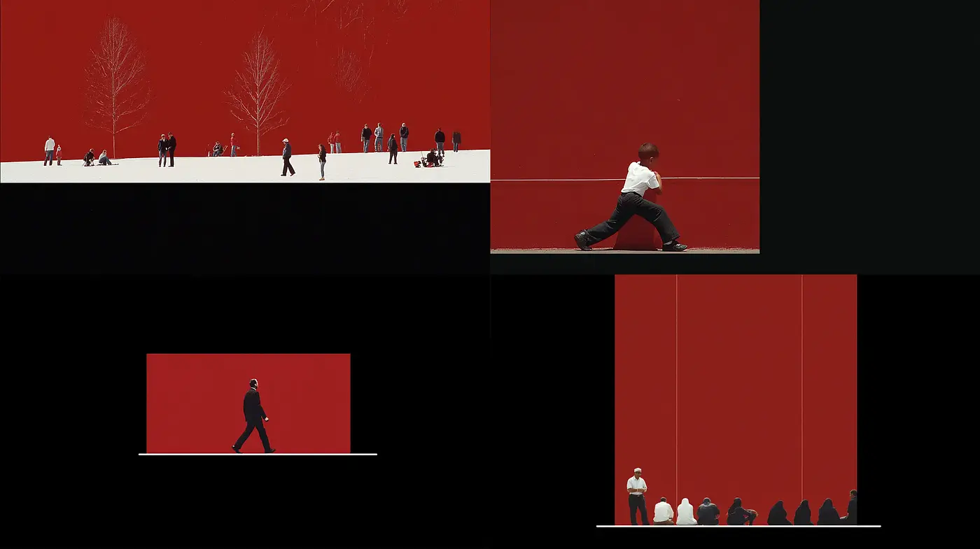 Contemporary minimalism with striking color contrasts and spatial dynamics - Midjourney sref style