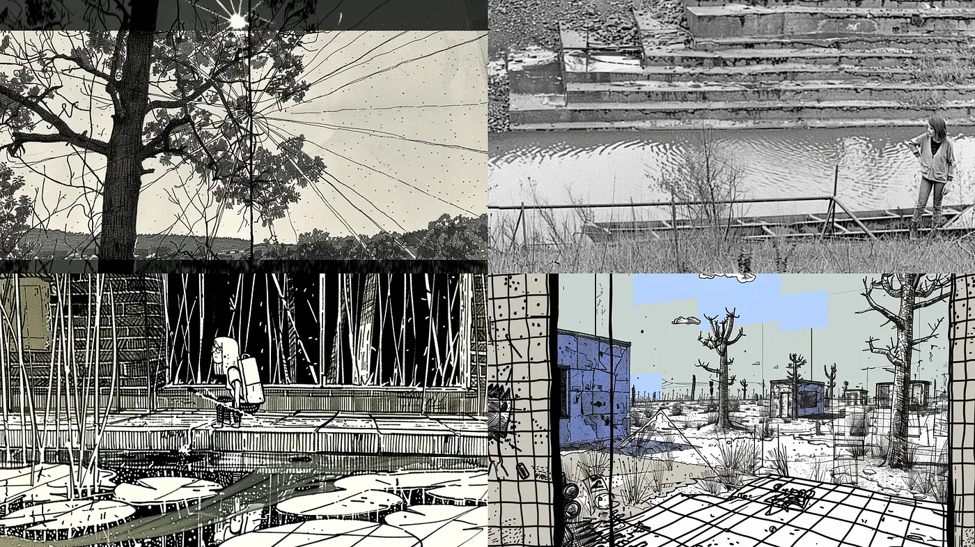 Monochrome Graphic Novel Fusion with Environmental Emphasis - Midjourney sref style