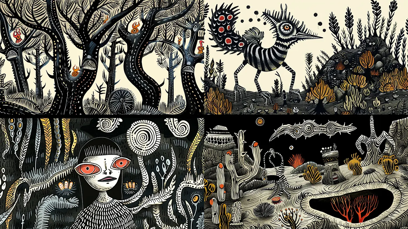 Surreal Mythos Tapestry in Monochrome Hues - Midjourney sref style