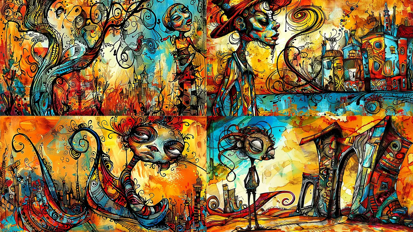 Vibrant Whimsicality: A Fusion of Vivid Colors and Expressive Ink Lines in Abstract Narrative Visions - Midjourney sref style