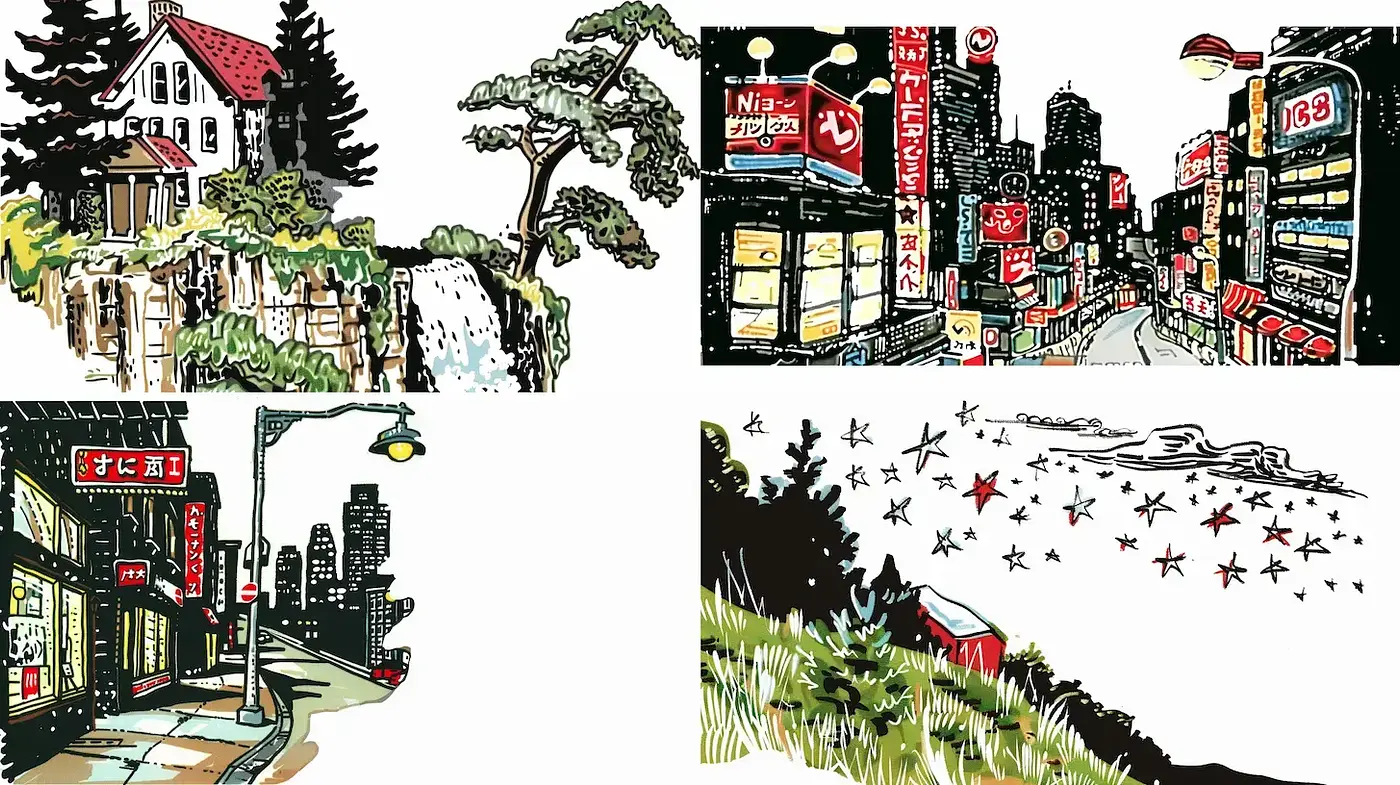 Eclectic Blend of Urban and Natural Landscapes with a Nostalgic Vibe - Midjourney sref style