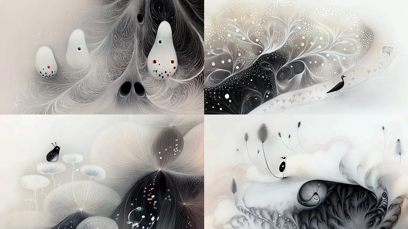 Whimsical Dreamscape Symphonies with Ethereal Monochrome Overtones - Midjourney sref style