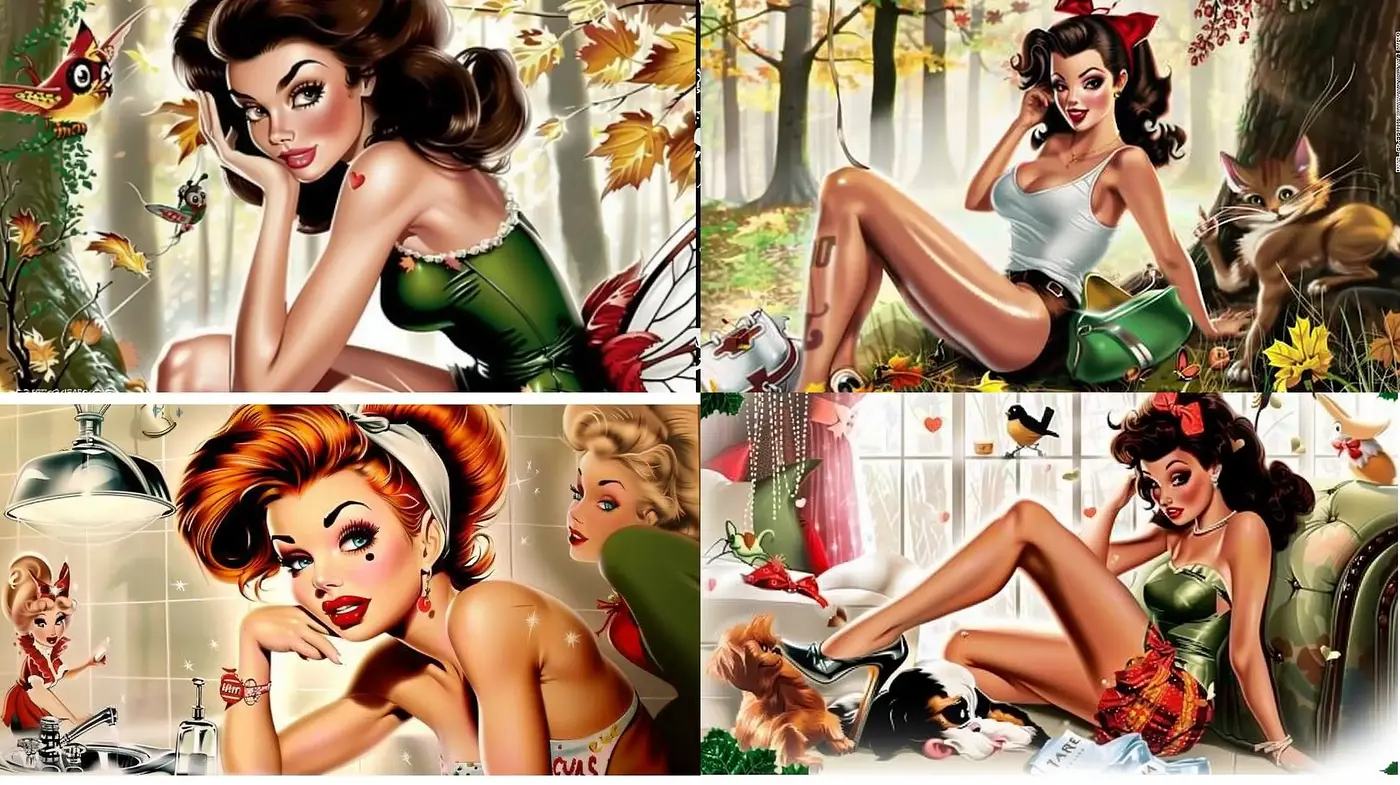 Retro Pin-Up Charm in Vivid Illustrative Harmony - Midjourney sref style