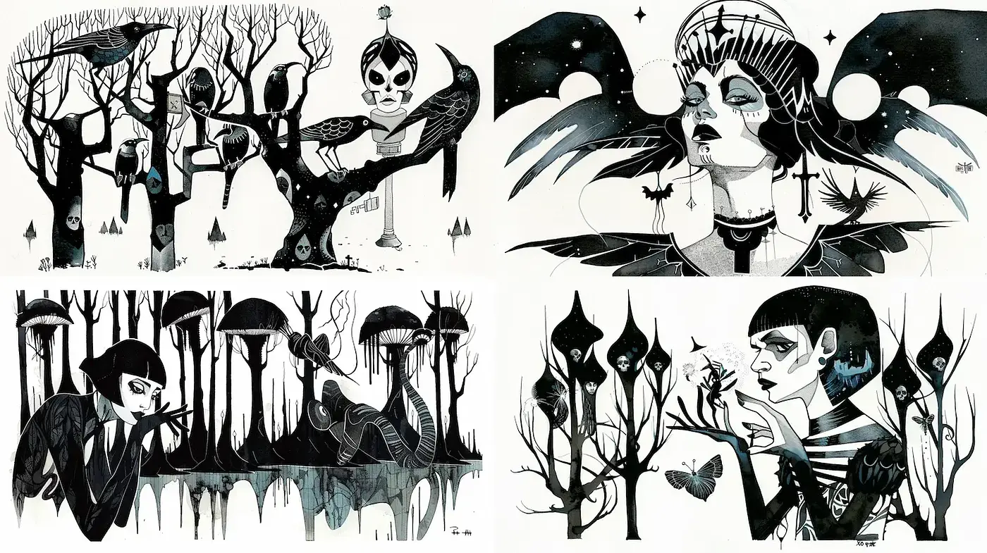 Eerie and Surreal Exploration of Monochrome and Nature - Midjourney sref style
