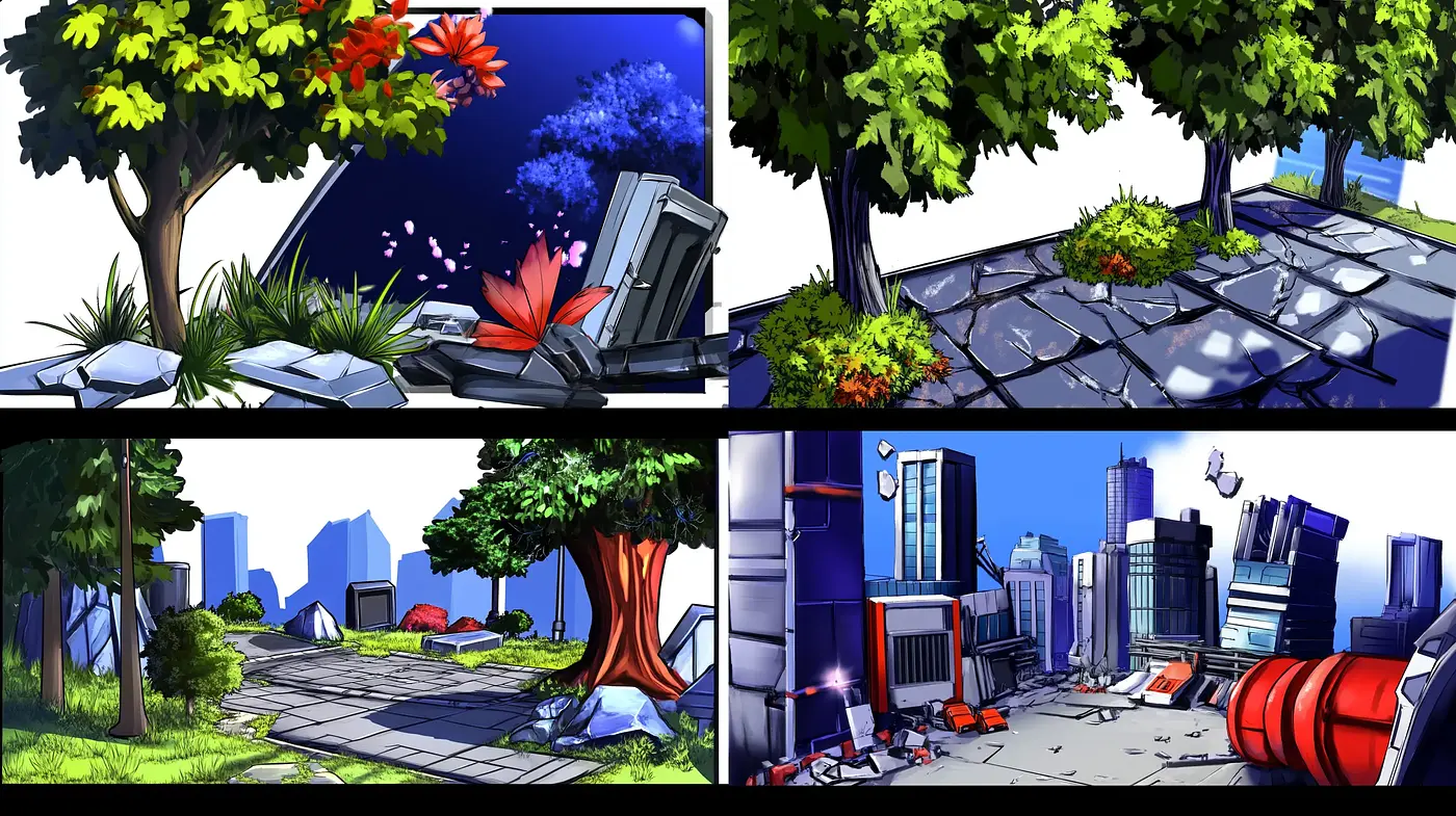 Stylized Urban Serenity: A Fusion of Bold Lines and Vibrant Colors - Midjourney sref style