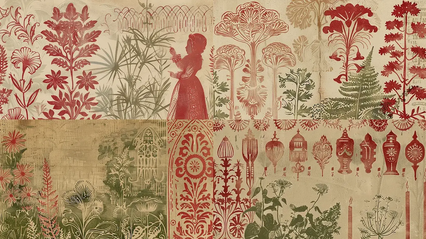 Artistic Blend of Florals and Silhouettes in a Vintage Aesthetic - Midjourney sref style