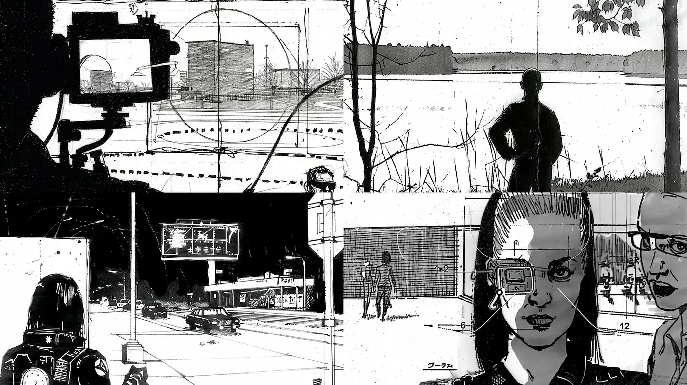 Surreal Retro Noir Aesthetic with Graphical Storytelling Elements - Midjourney sref style