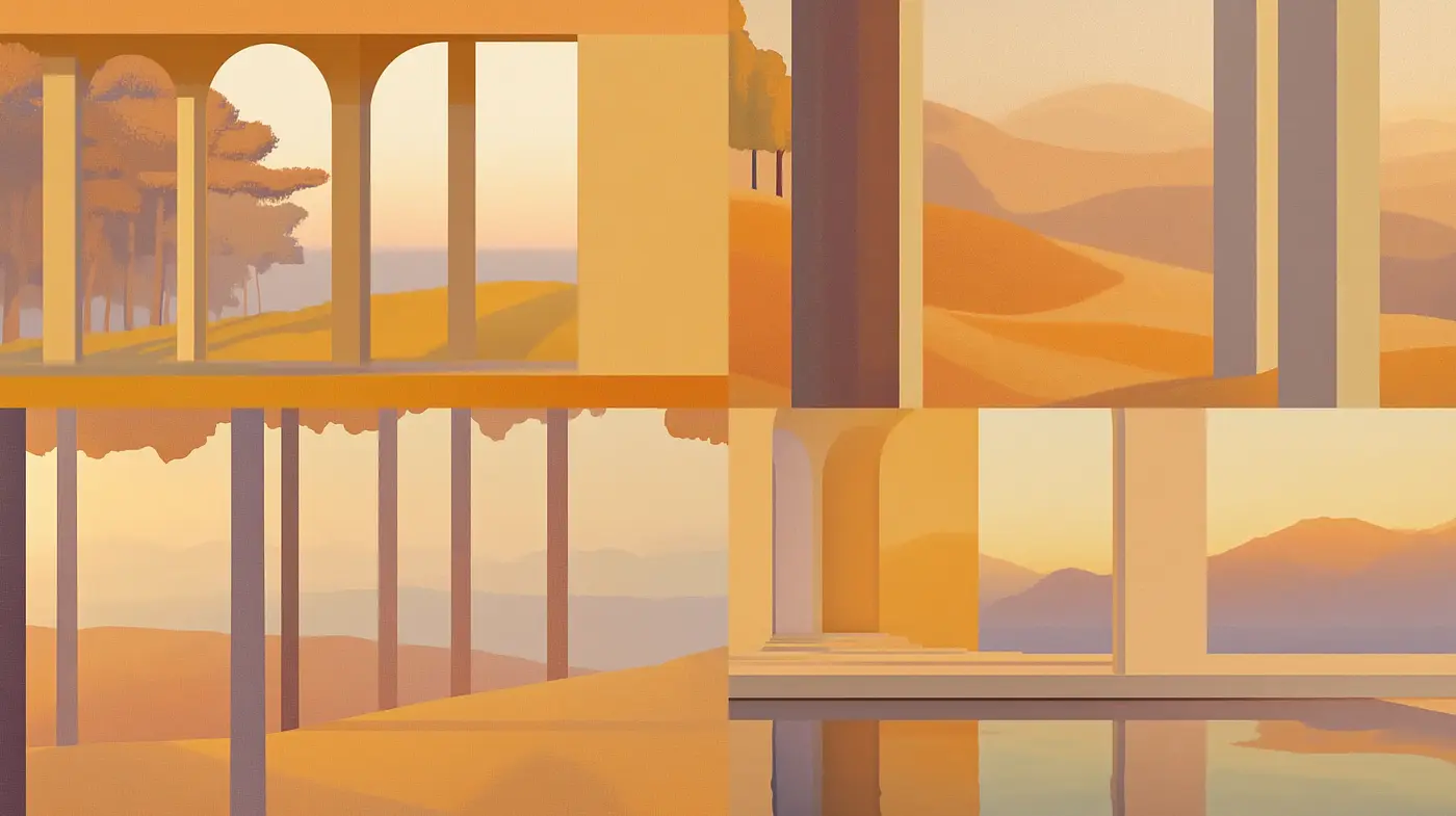 Serene Twilight Hues: A Harmonious Blend of Sunset and Architecture - Midjourney sref style
