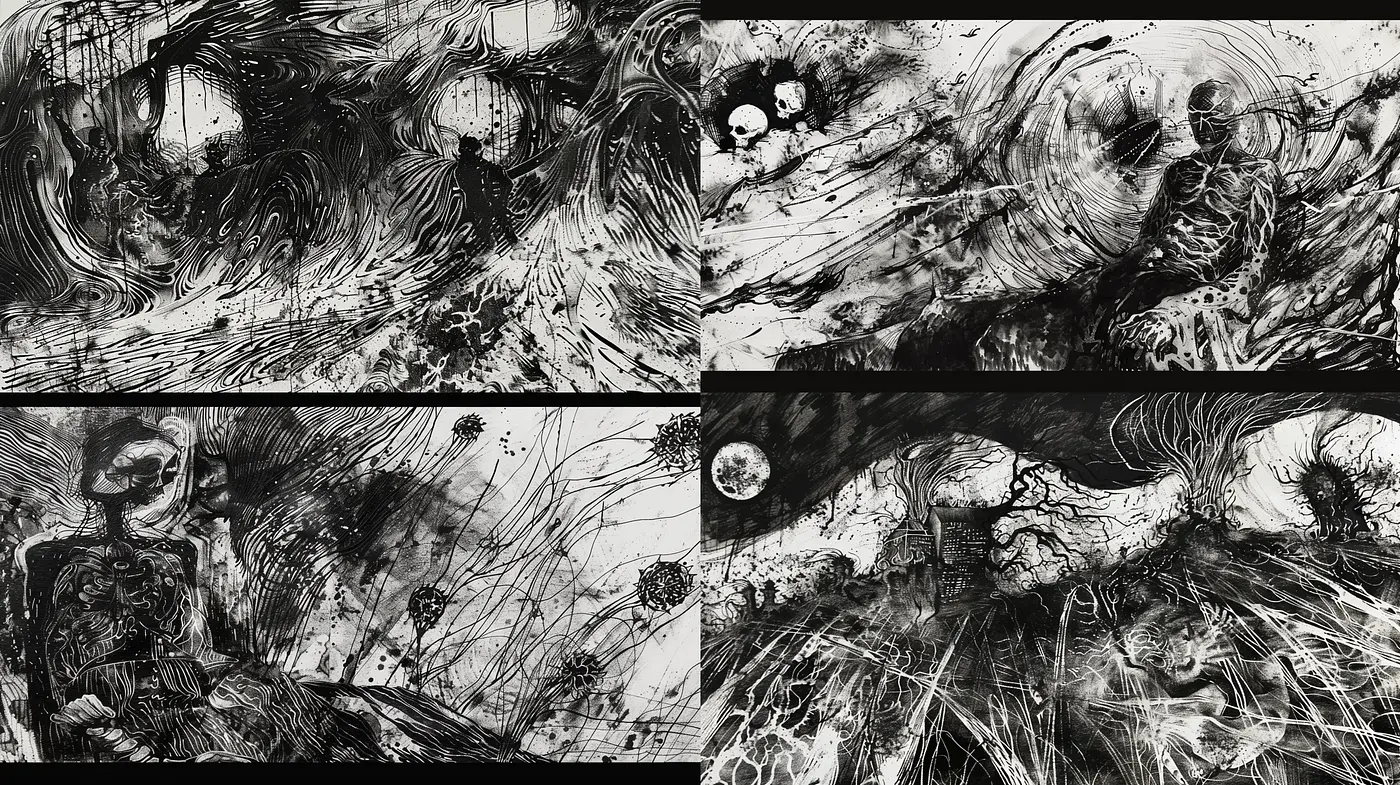 Monochrome Maelstrom: Swirling Vortex of Ink and Chaos - Midjourney sref style