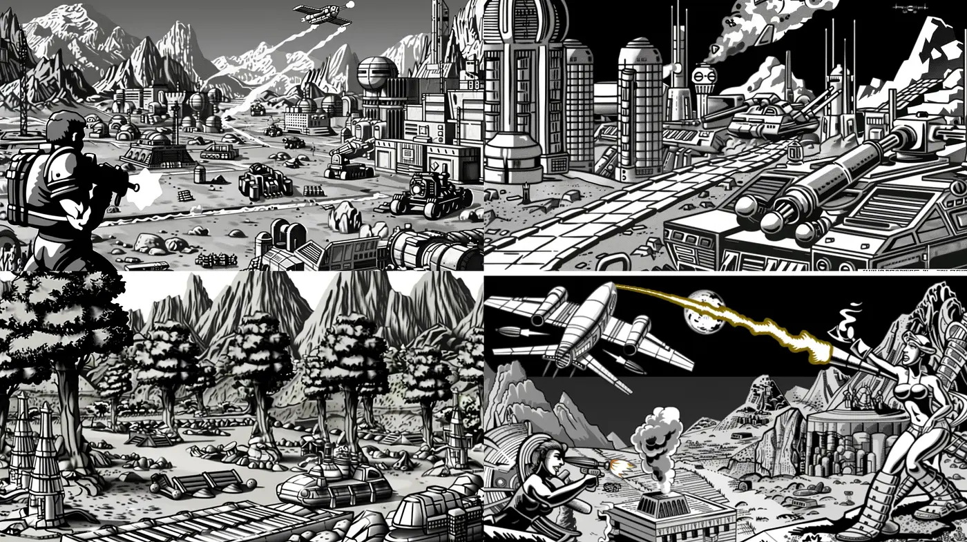 Monochromatic Retro-Futuristic Comic Strip Essence - Midjourney sref style