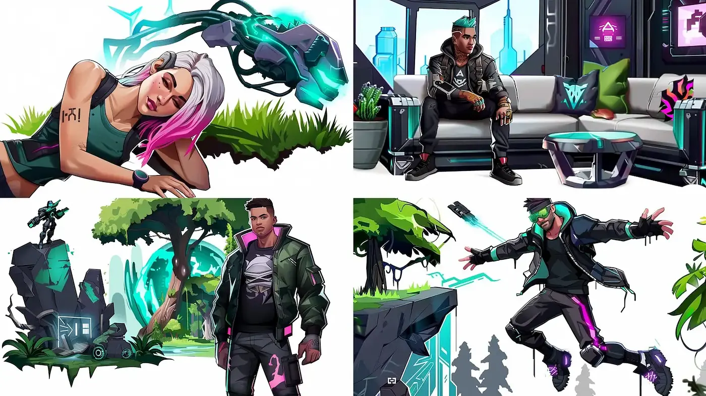 Futuristic Cyberpunk Aesthetic with Bold Characters and Vivid Landscapes - Midjourney sref style