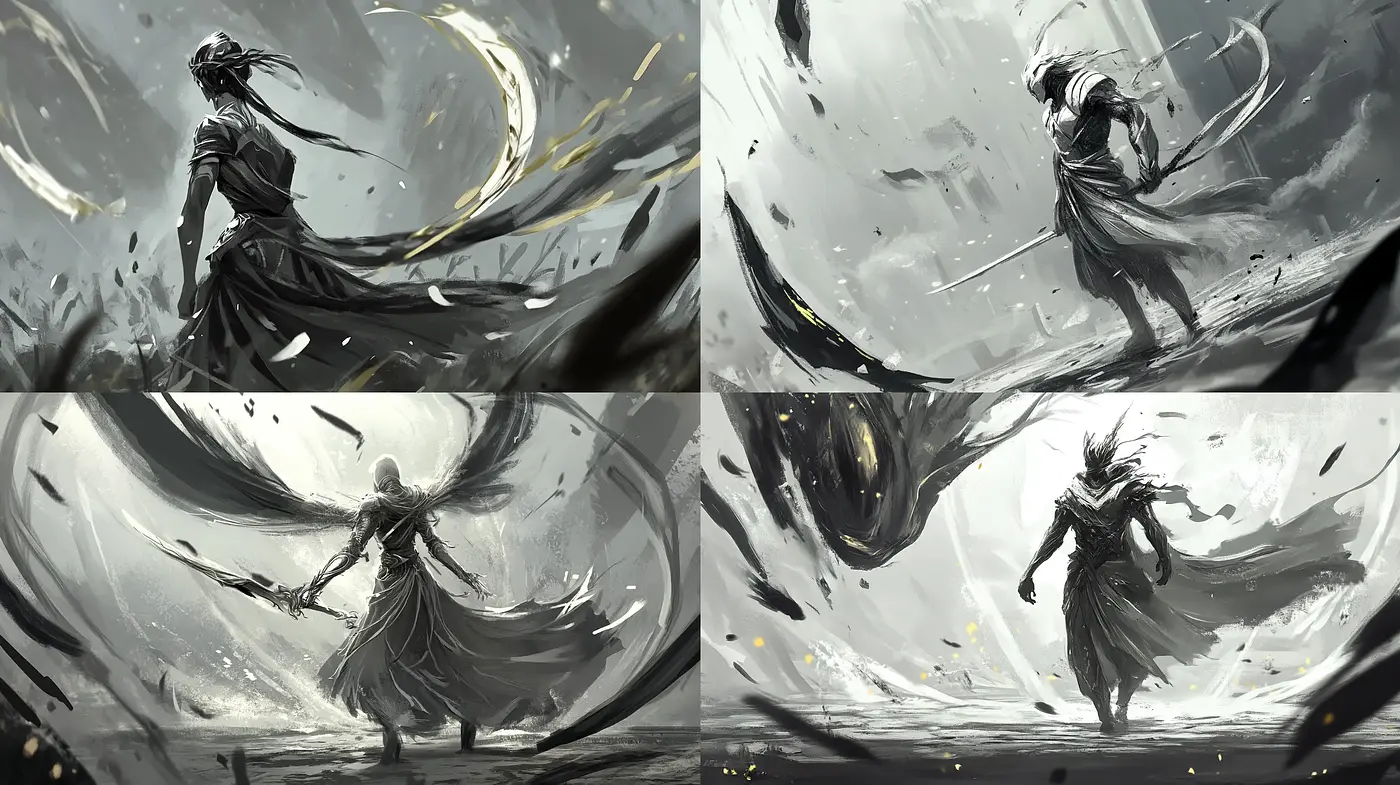 Monochromatic Whirlwind Dance: An Ethereal Expression of Movement in Grayscale - Midjourney sref style