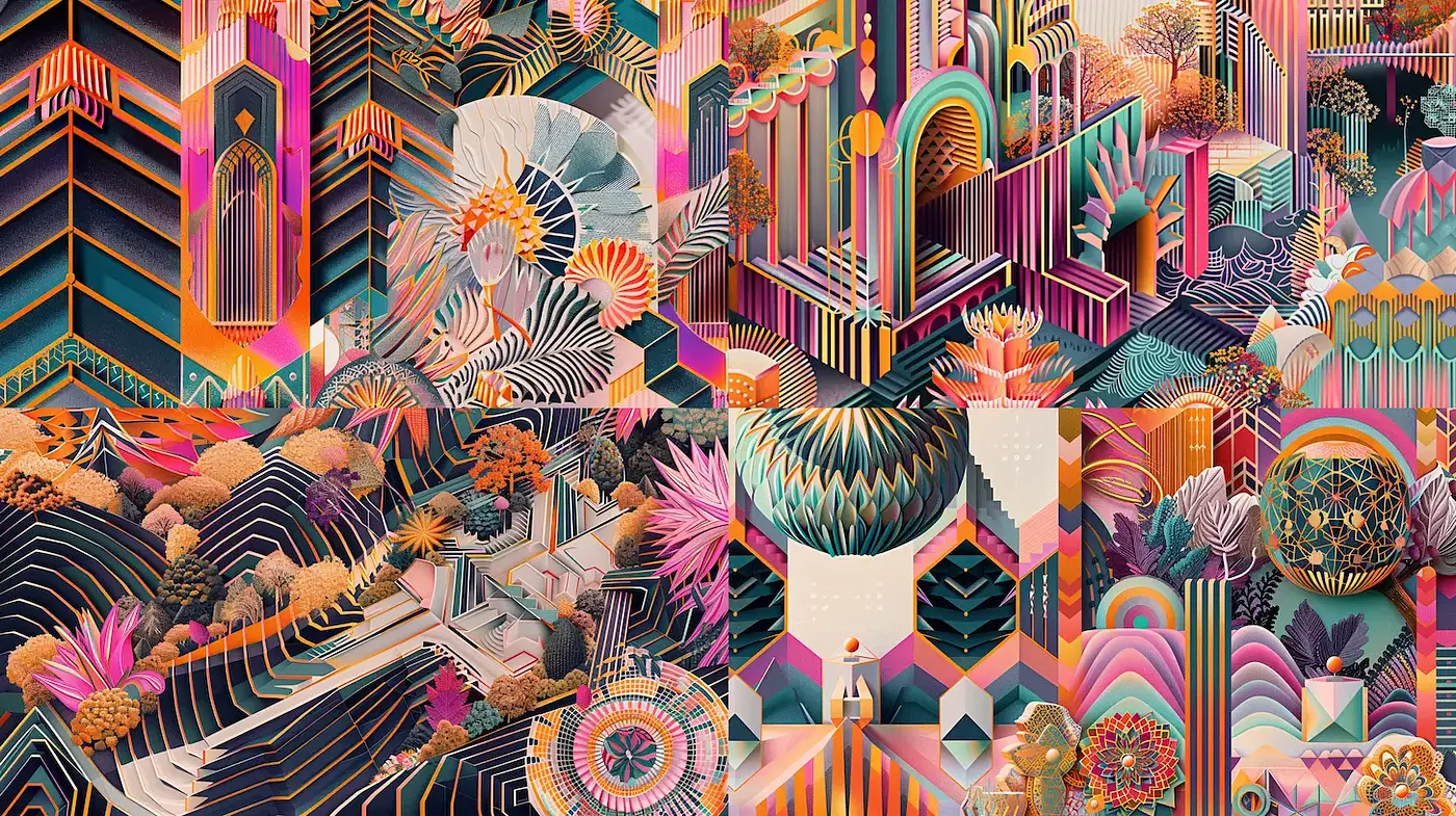 Vibrant yet intricate surreal landscapes with geometric abstraction - Midjourney sref style