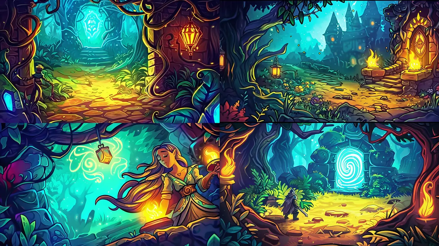Enchanted Nocturnal Fantasy: Consistent Elements of Mystical Forests in Varied Hues - Midjourney sref style
