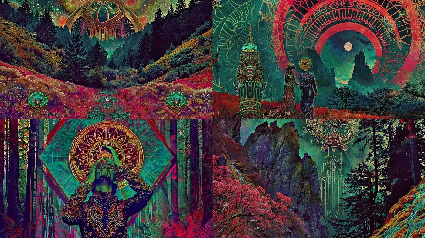 Ethereal Forest Dreamscapes with Mystical Patterns and Art Nouveau Inspirations - Midjourney sref style