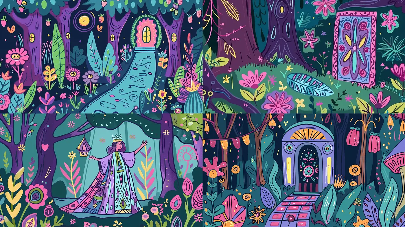 Enchanted Forest Dreamscape with Lush Colorful Illustration Style - Midjourney sref style