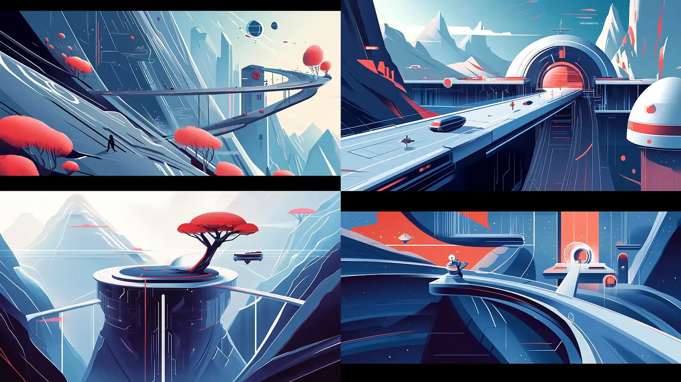 Futuristic Geometric Vistas with a Retro Sci-Fi Essence - Midjourney sref style
