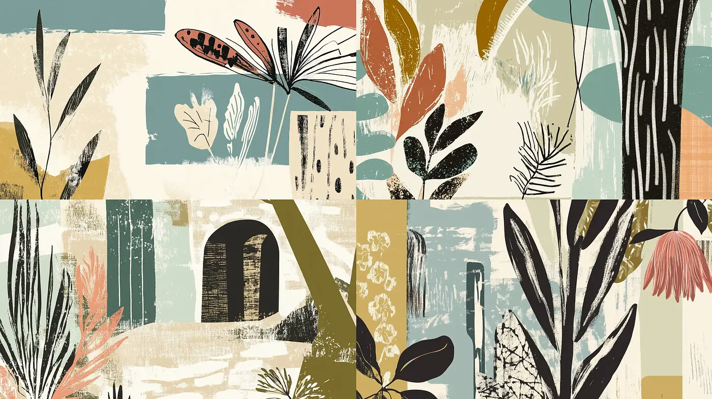 Rustic Botanical Collage with Mid-Century Modern Undertones - Midjourney sref style
