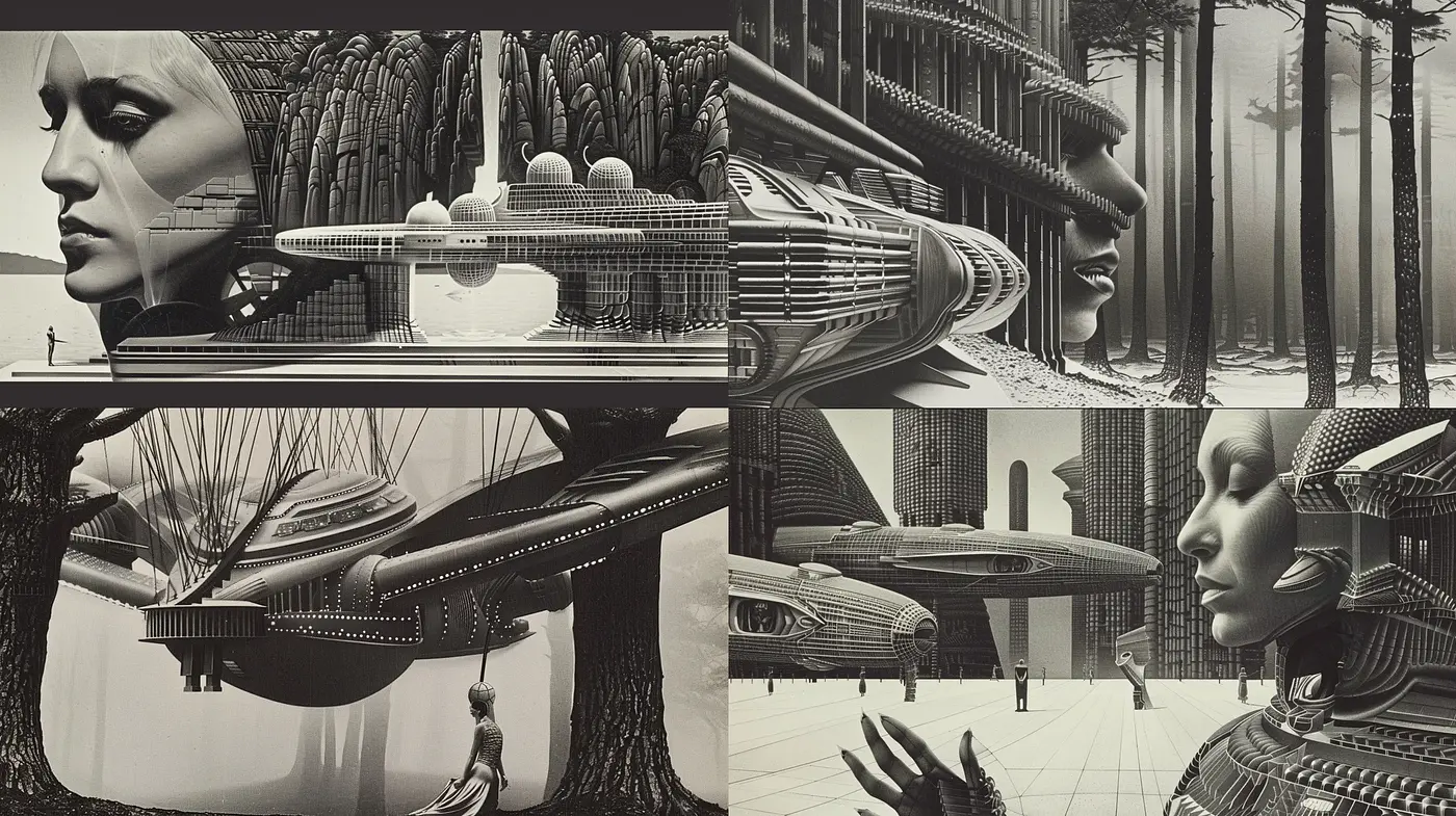 Monochromatic Dreamscape Fusion with Surrealist Overtones - Midjourney sref style