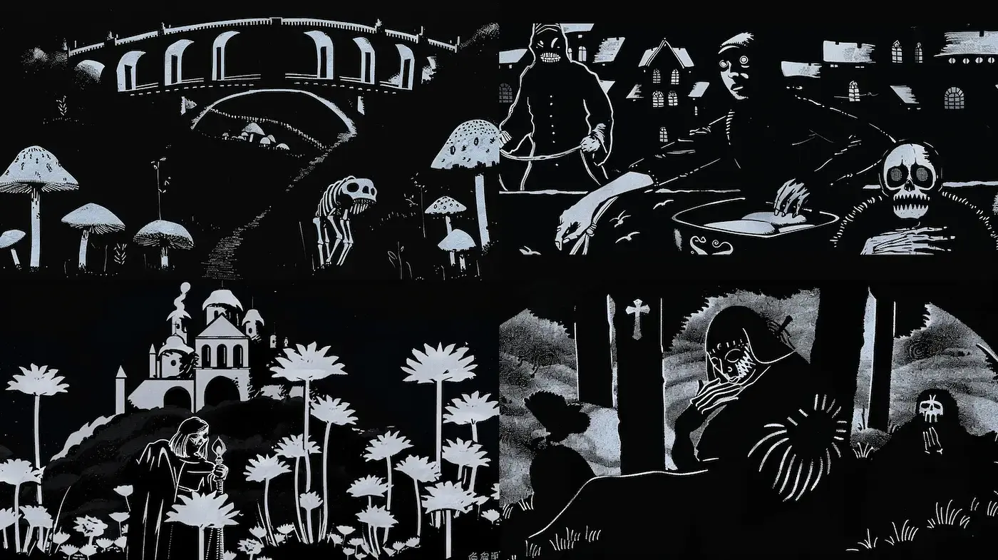 Eerie Gothic Monochromatic Illustrations with Folkloric Elements - Midjourney sref style
