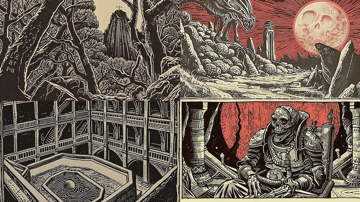Eldritch Dreamscapes: A Stylistic Convergence of Dark Fantasy and Sci-Fi - Midjourney sref style