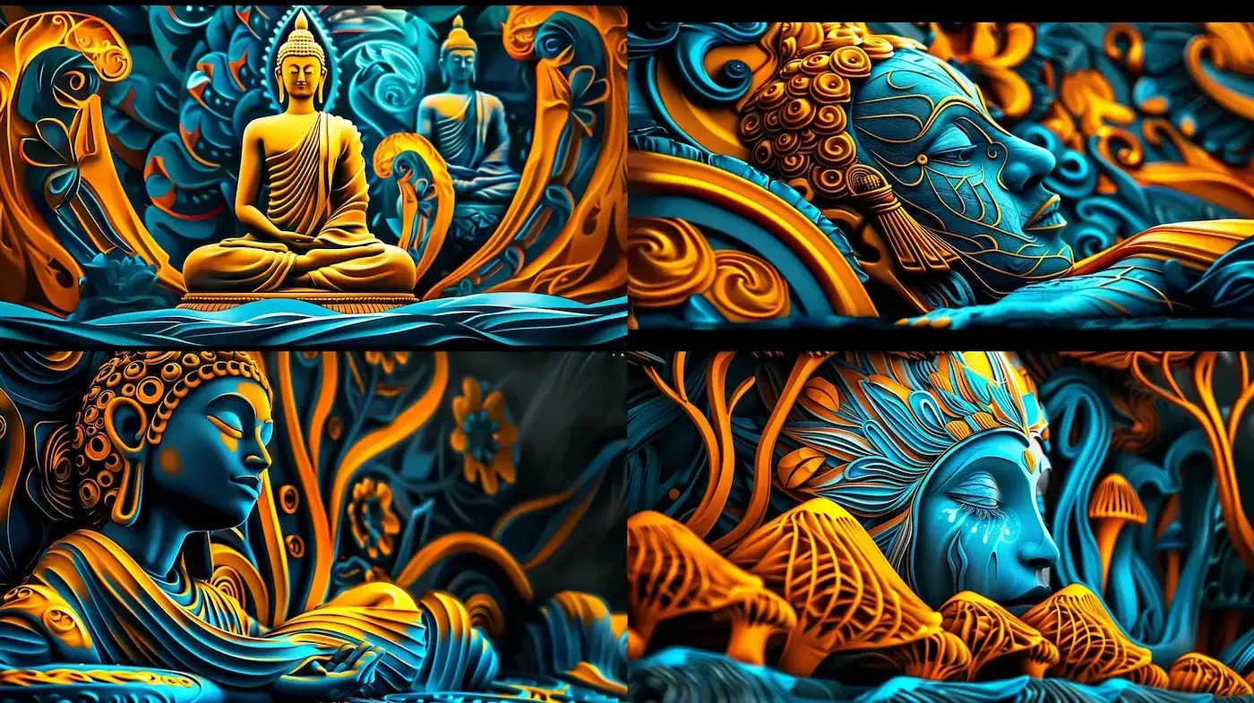 Vibrant and intricate representations of serene figures intertwined with nature - Midjourney sref style