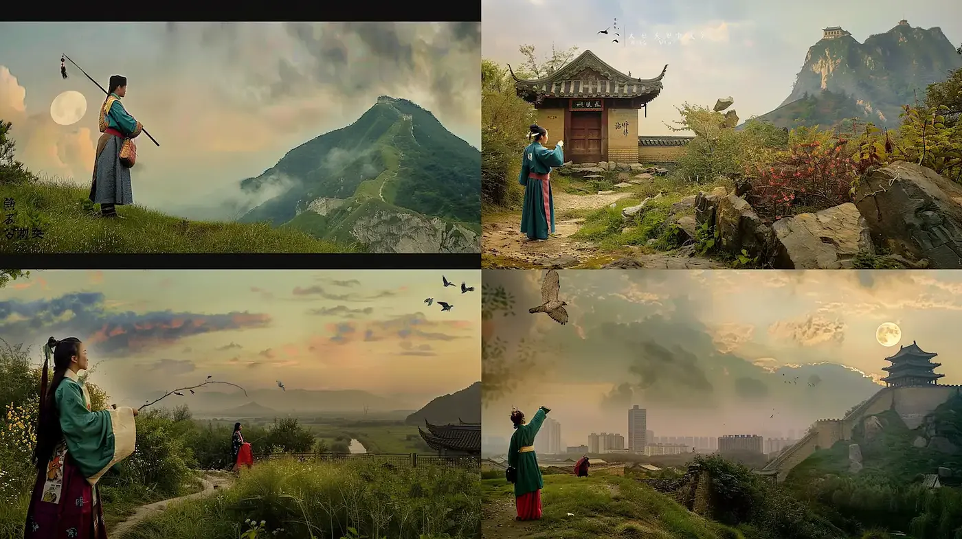 Serene landscapes blended with traditional attire and natural elements - Midjourney sref style