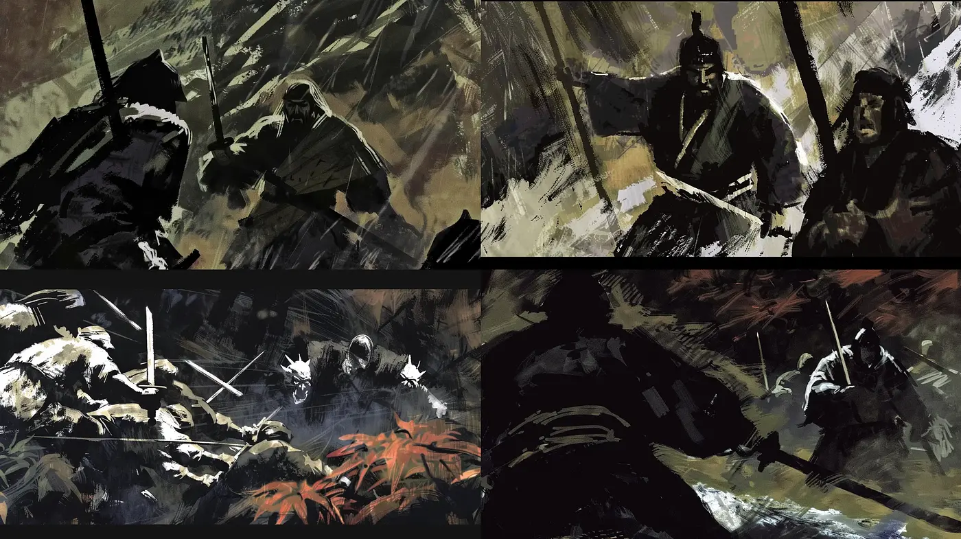 Dynamic Brushstroke Depictions with a Dark and Atmospheric Palette - Midjourney sref style