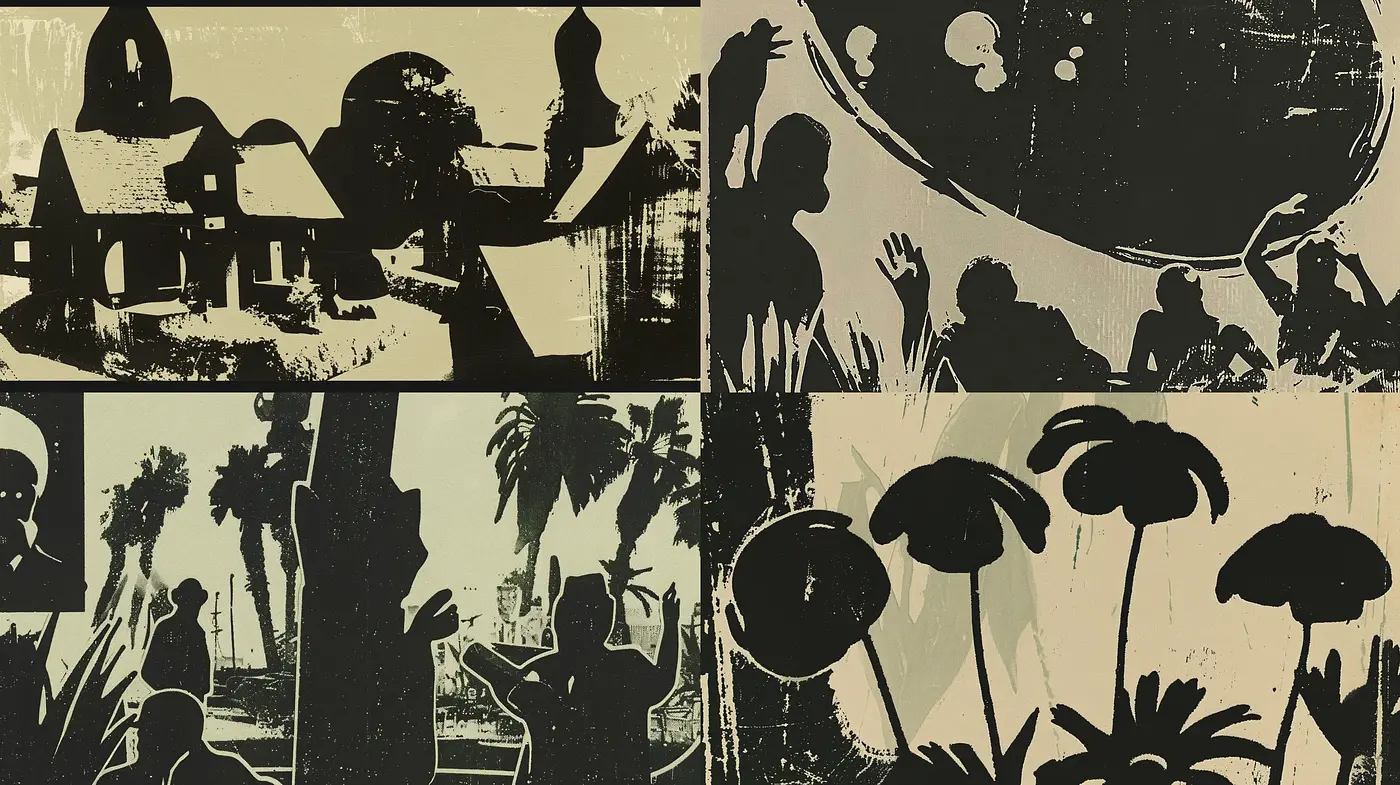 Monochromatic Silhouette Collage with a Retro Vibe - Midjourney sref style