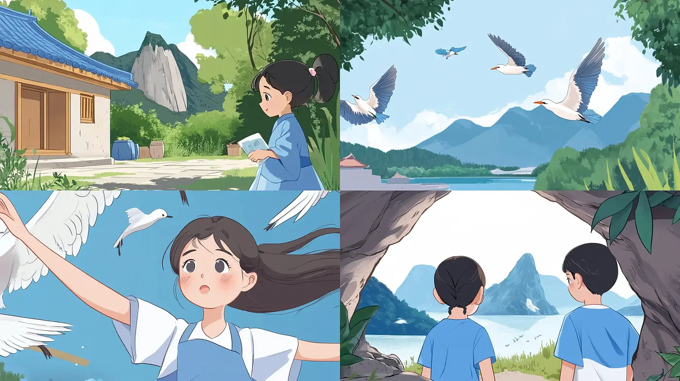 Whimsical and serene animated scenery with nature elements - Midjourney sref style