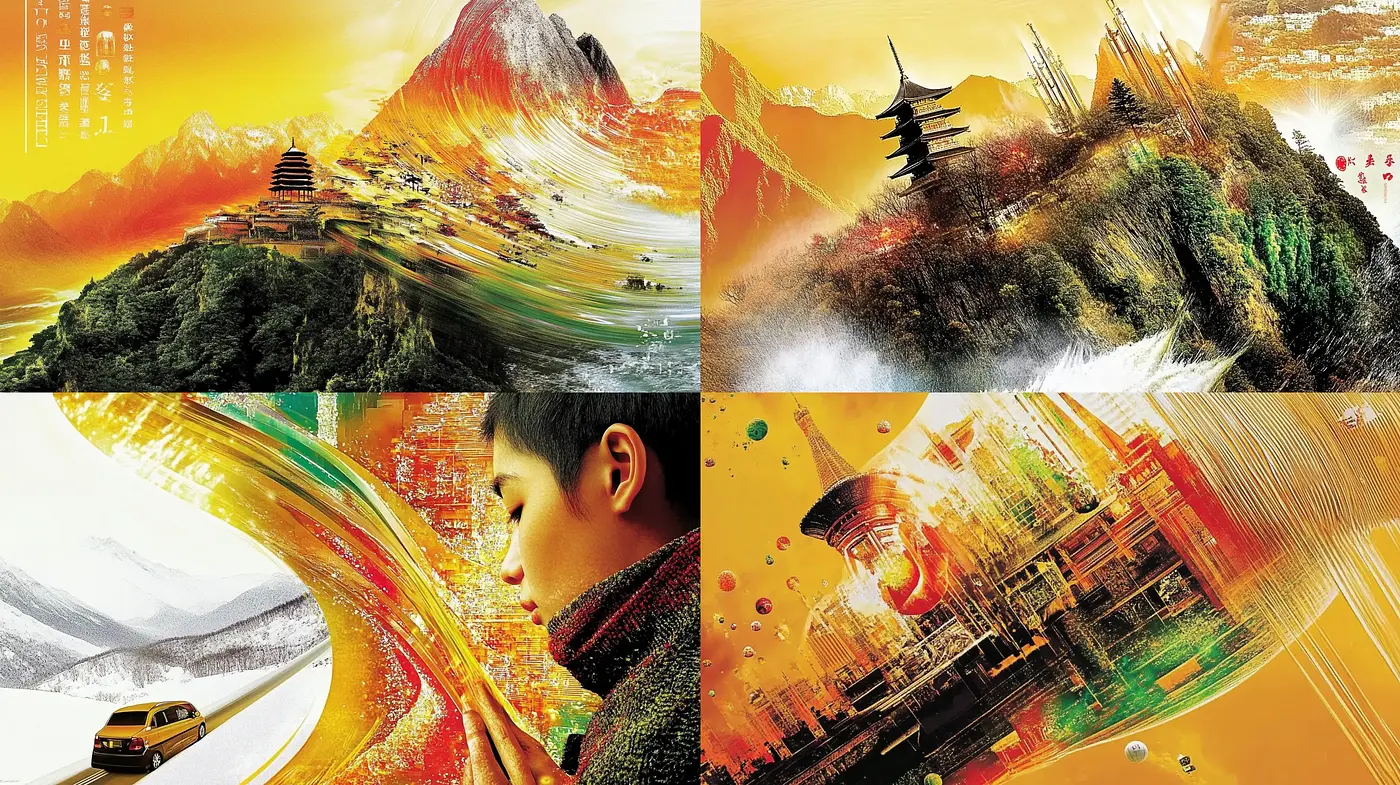 Vibrant Fusion of Traditional Eastern Imagery with Modern Dynamic Swirls - Midjourney sref style