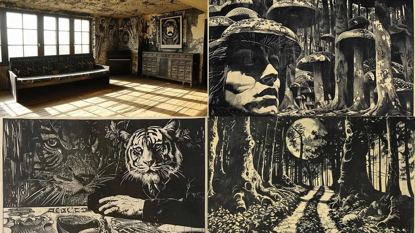 Enigmatic Sepia-Toned Artistry: A Homage to Surrealist Illustration - Midjourney sref style