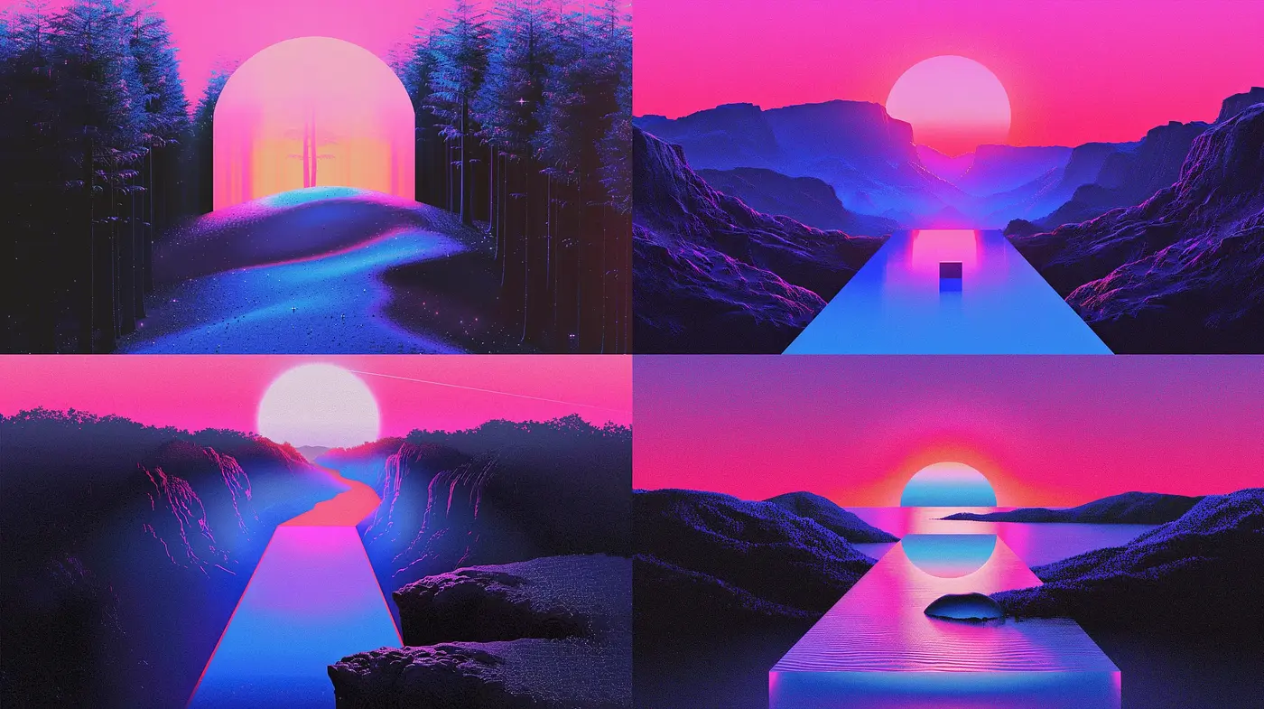 Synthetic Radiance: A Dusk to Dawn Neon Dreamscape - Midjourney sref style