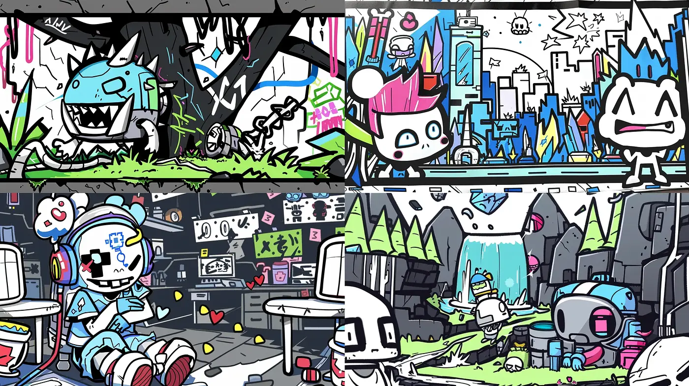 Eclectic Digital Graffiti: A Fusion of Urban Street Art and Cartoonish Whimsy - Midjourney sref style