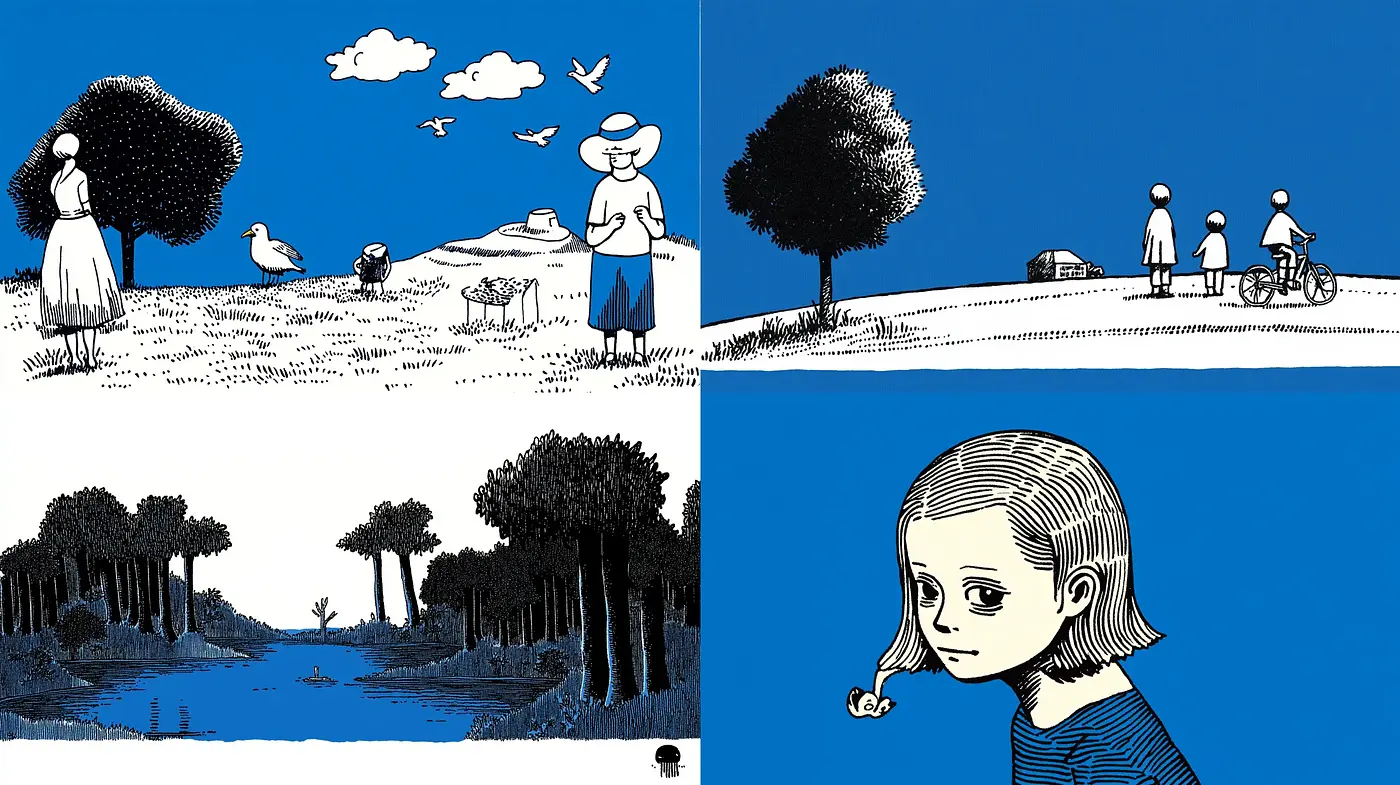 Serene Azure Vistas: Consistent Two-Tone Storybook Illustrations - Midjourney sref style