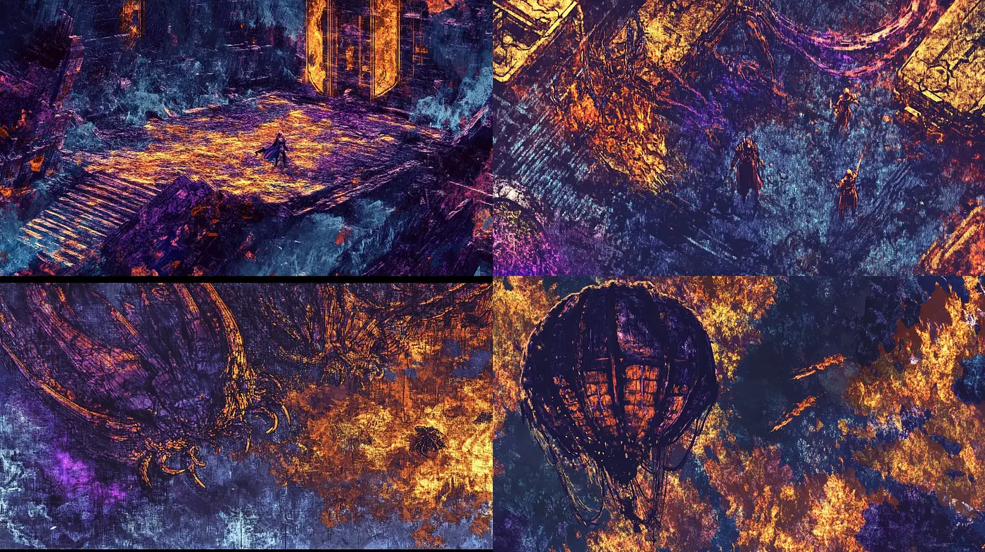 Dramatic Textural Symphony in Vivid Indigo and Gold - Midjourney sref style
