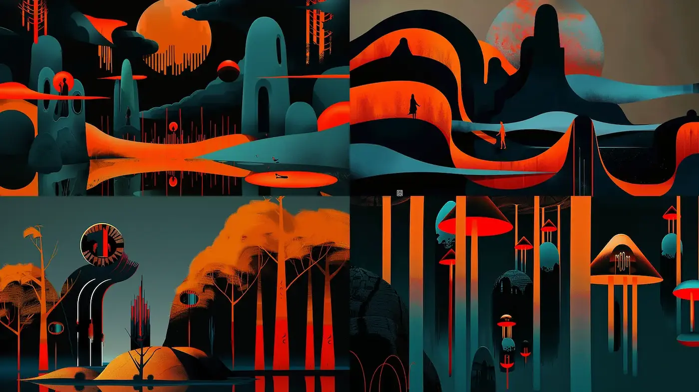 Cohesive and Surreal Landscape Art with a Vivid Color Palette - Midjourney sref style