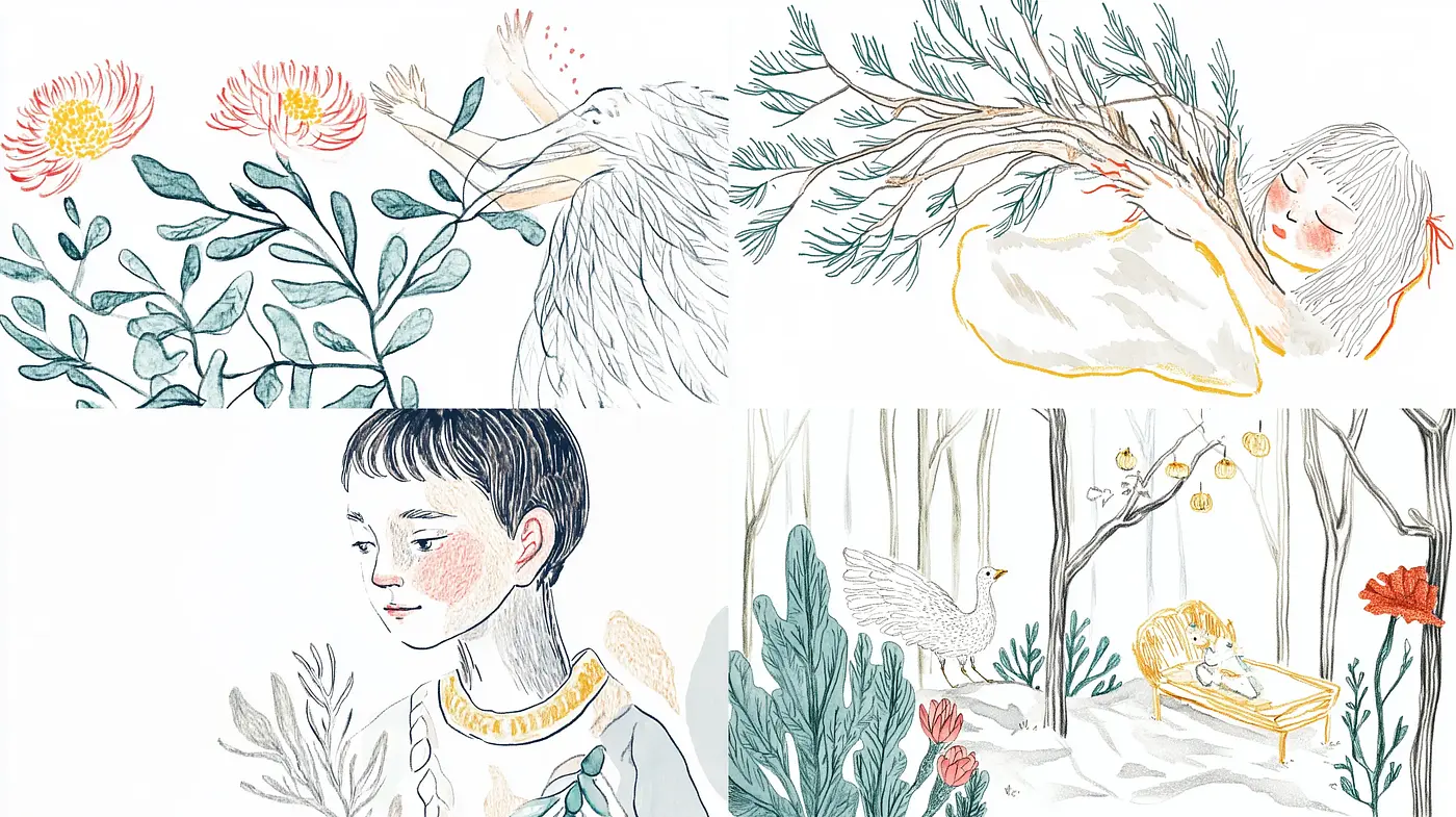 Whimsical Nature-Inspired Illustrative Ensemble - Midjourney sref style