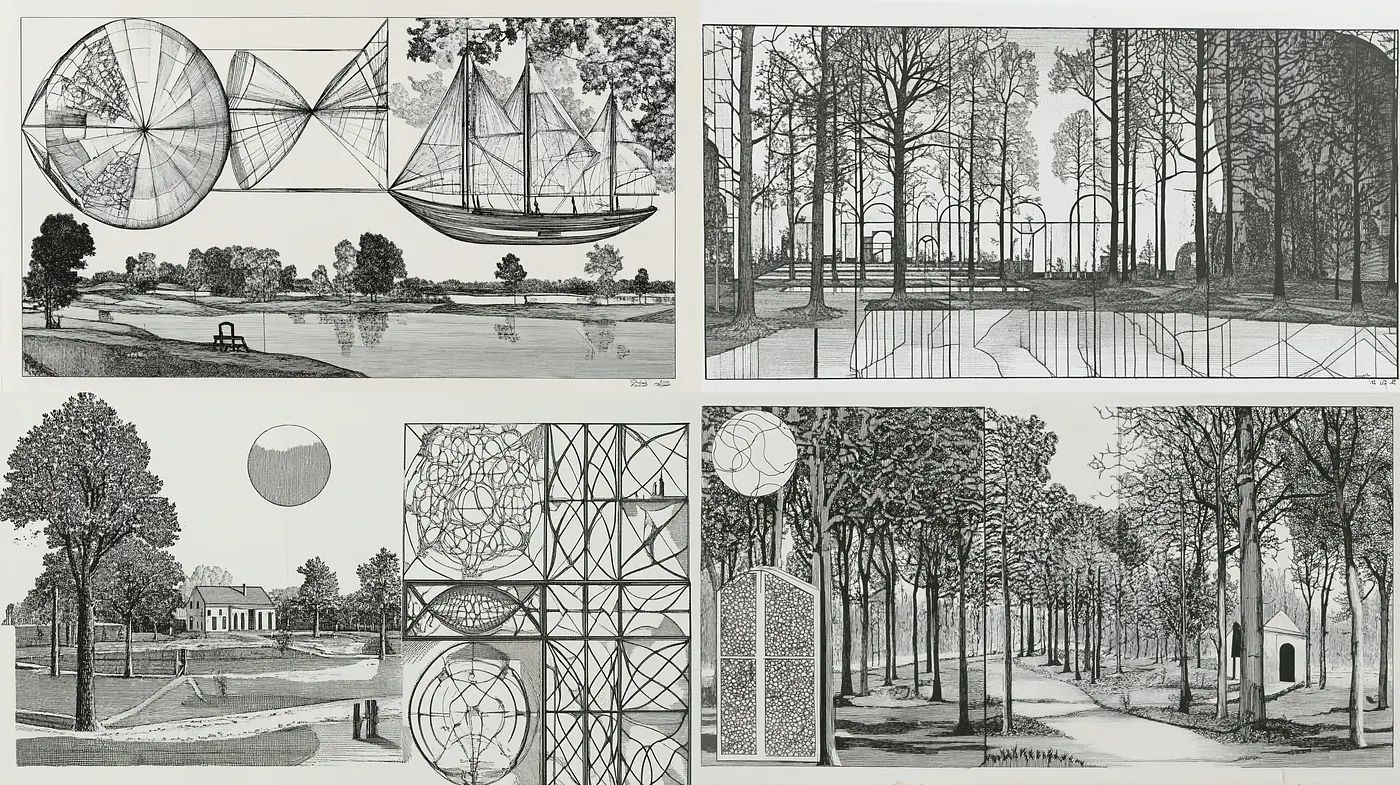 Monochromatic Graphical Serenity: An Homage to Architectural Drawing and Nature - Midjourney sref style