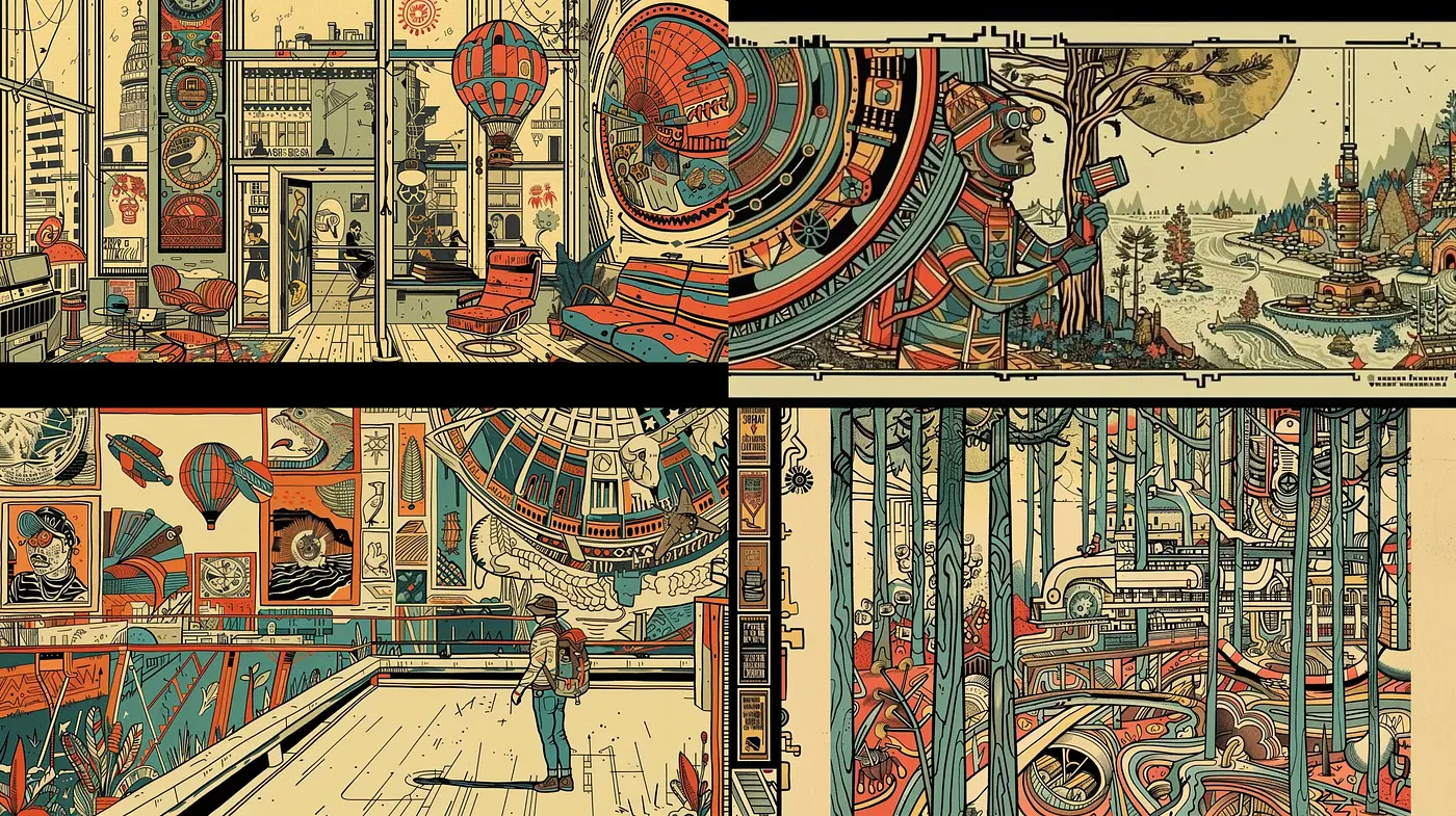 Retrofuturistic Reverie: A Multidimensional Exploration in Sepia Tones and Stylized Line Art - Midjourney sref style
