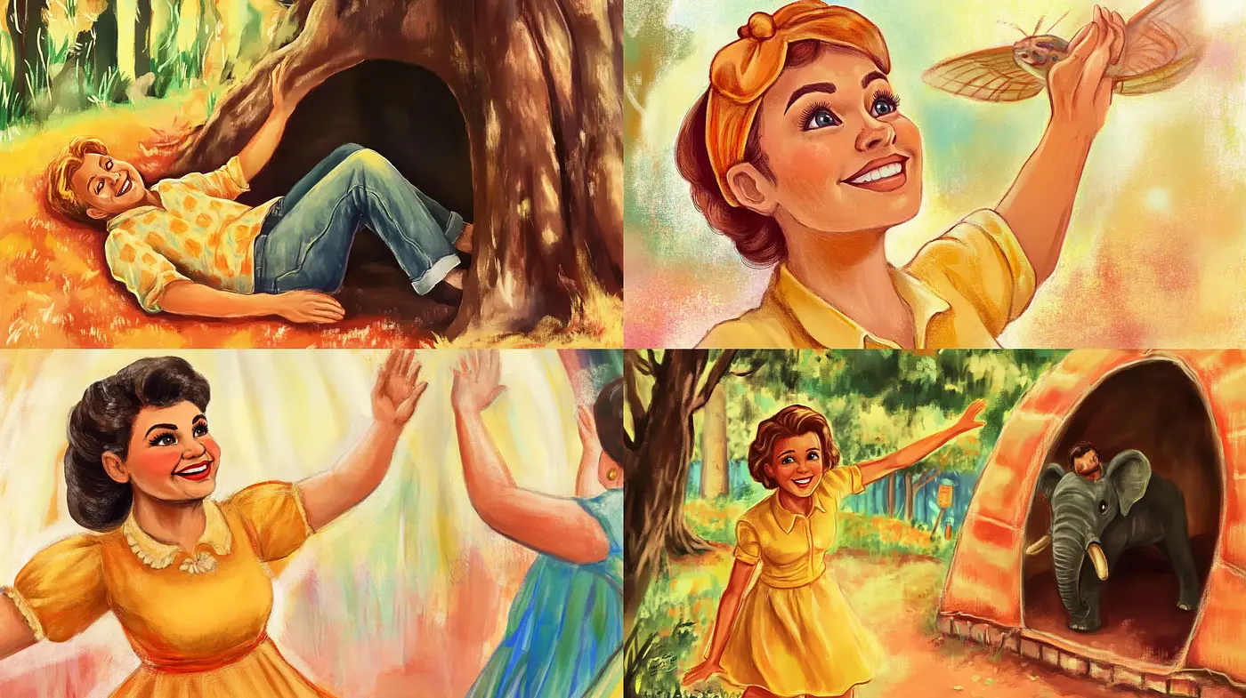 Warm Golden-Hued Illustrations with a Cheerful Vintage Animation Aesthetic - Midjourney sref style