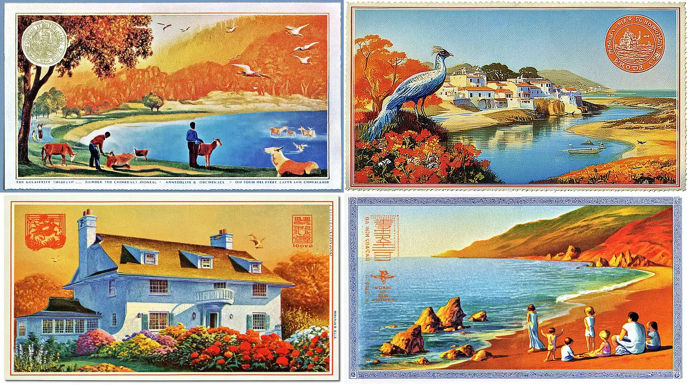 Vivid and serene pastoral landscapes with a nostalgic aesthetic - Midjourney sref style