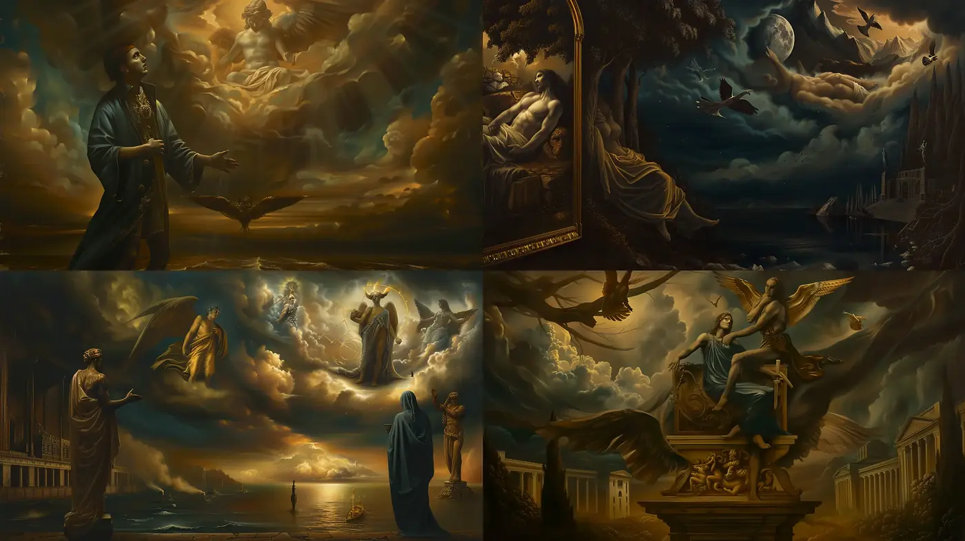 Ethereal Baroque Dreamscapes: A Fusion of Classical Drama and Surreal Twilight - Midjourney sref style