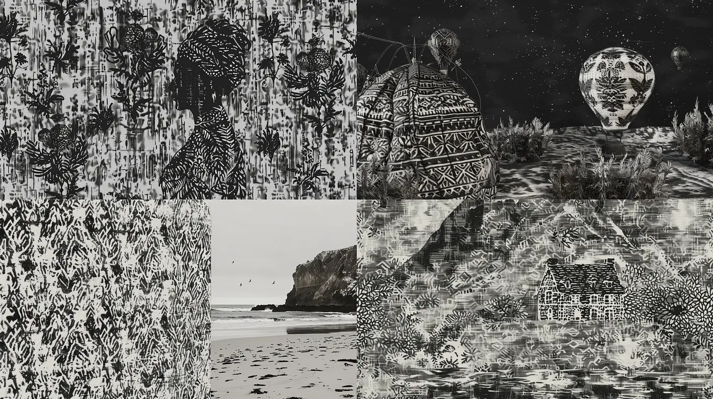 Monochromatic Textured Dreamscapes - Midjourney sref style